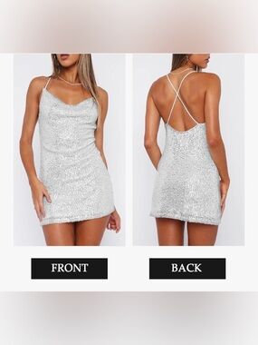 B. Smart Silver Sequin Cowl Neck Mini Dress with Crisscross Back